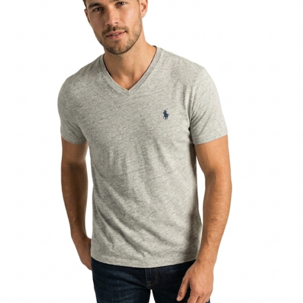 Polo by Ralph Lauren Gray V-Neck Short Sleeve Men's Shirt Size: Medium